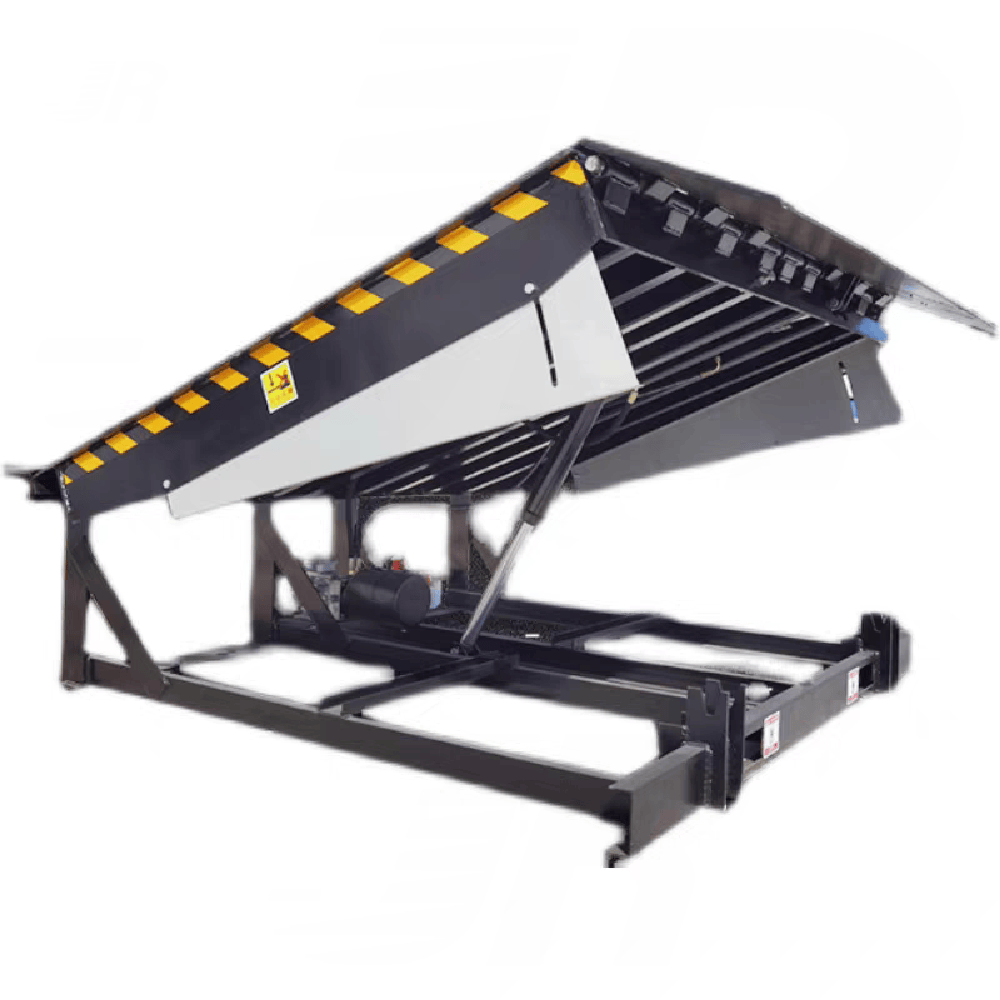 Hengjinrui hydraulic dock leveler fixed installation in warehouse loading bay – reliable steel platform with yellow-black safety strip
