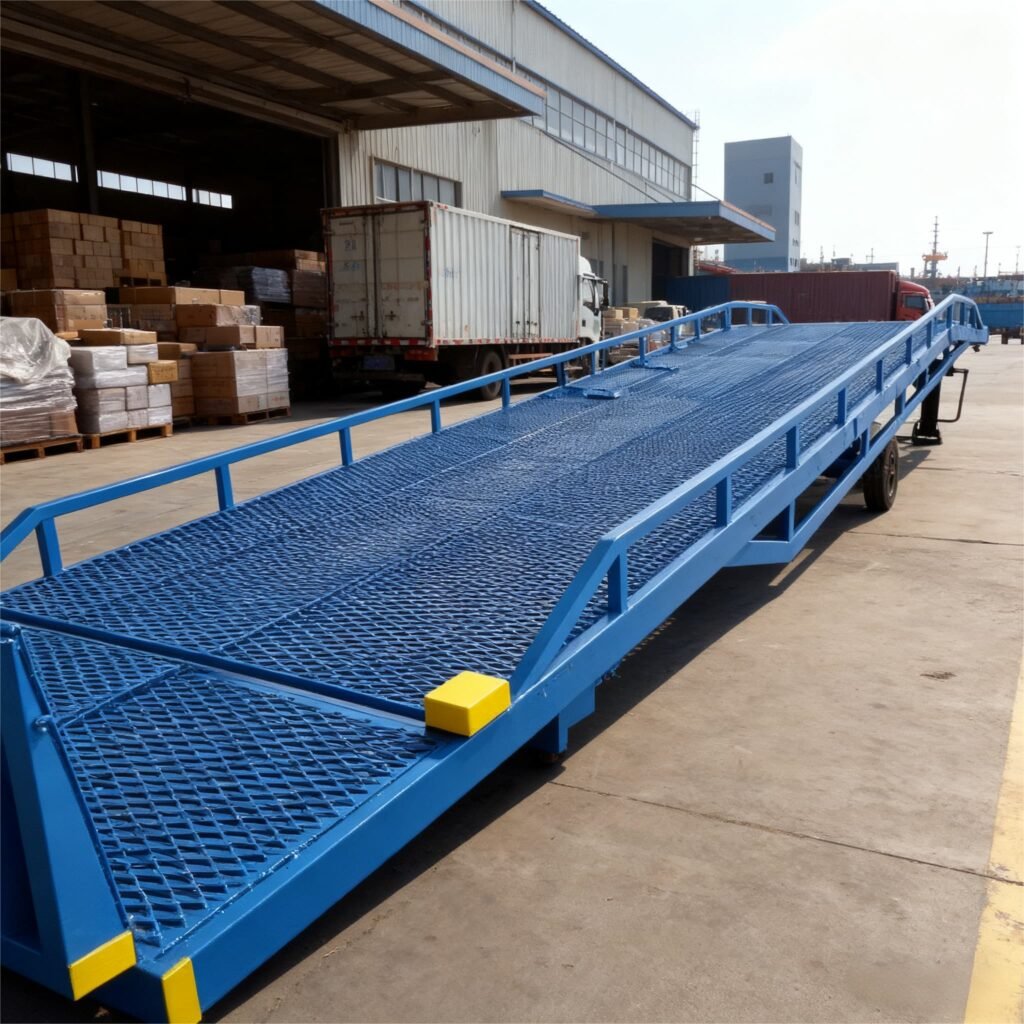 Hengjinrui's mobile dock ramp features hydraulic height adjustment and can carry cargo up to 20 tons.