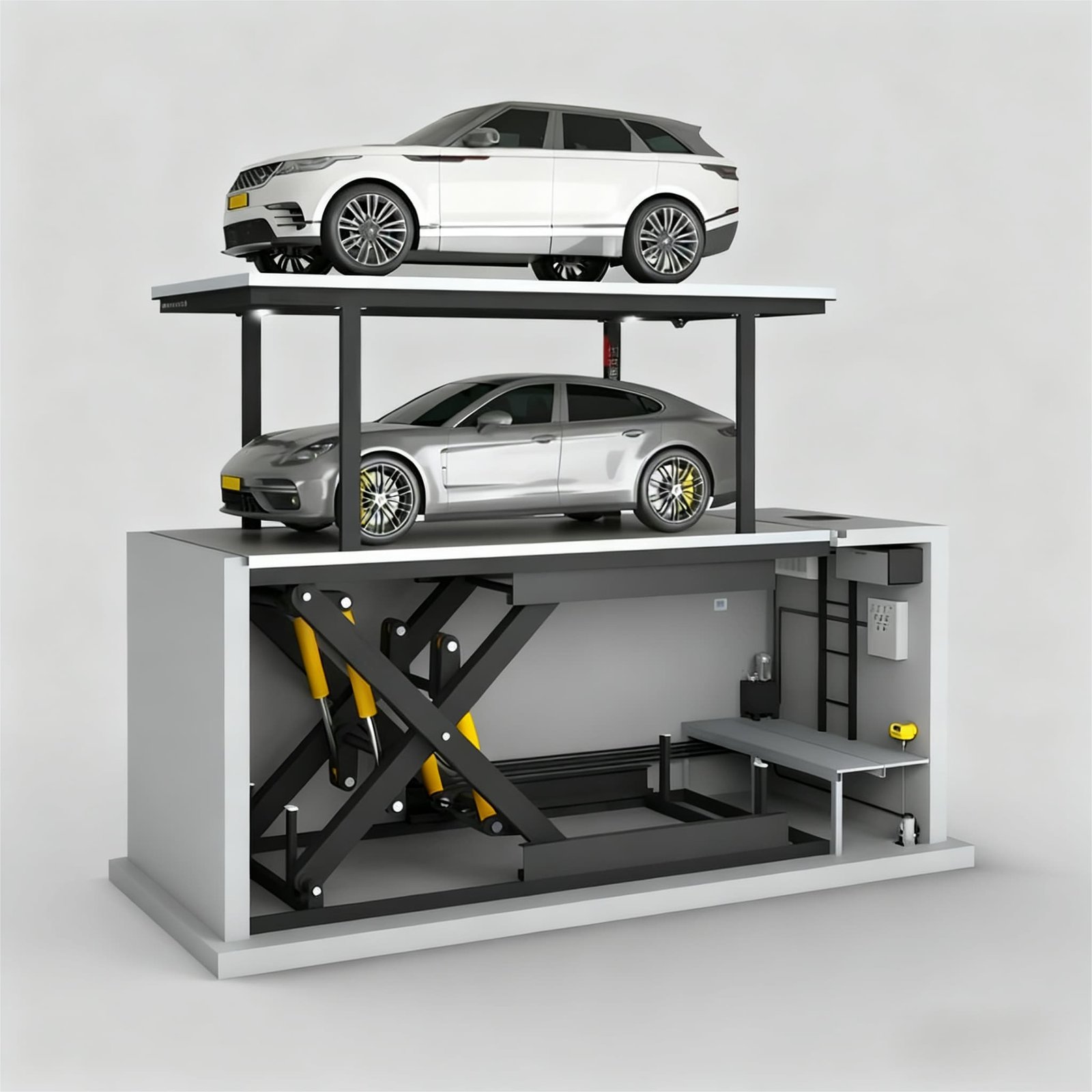 Double deck parking lift can be used to park, maintain and keep vehicles clean