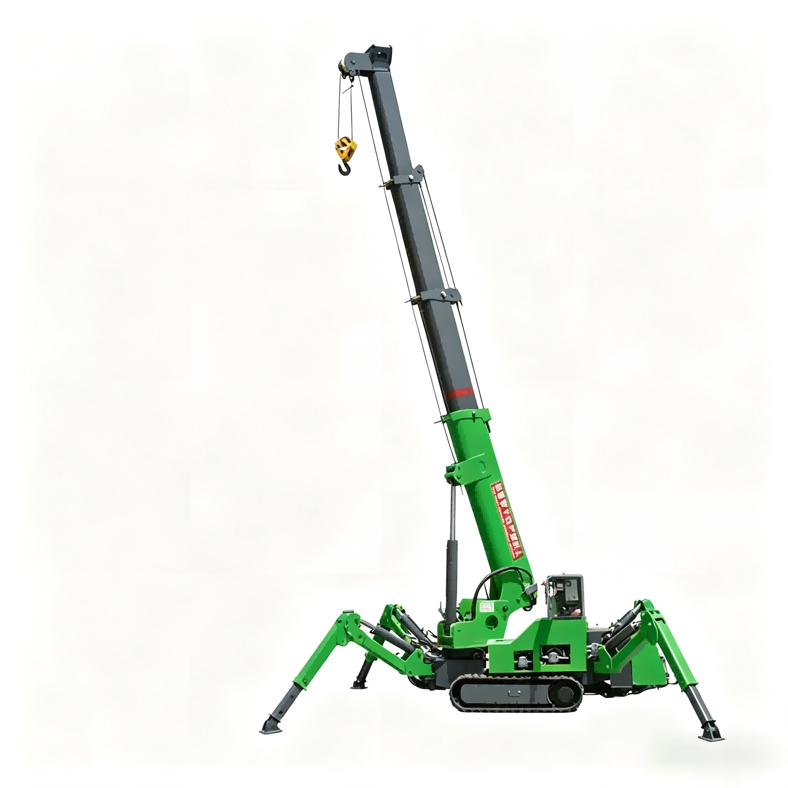 1.5-ton mini spider crane on tracks, with boom raised and outriggers fully extended, designed for tight-space operations.