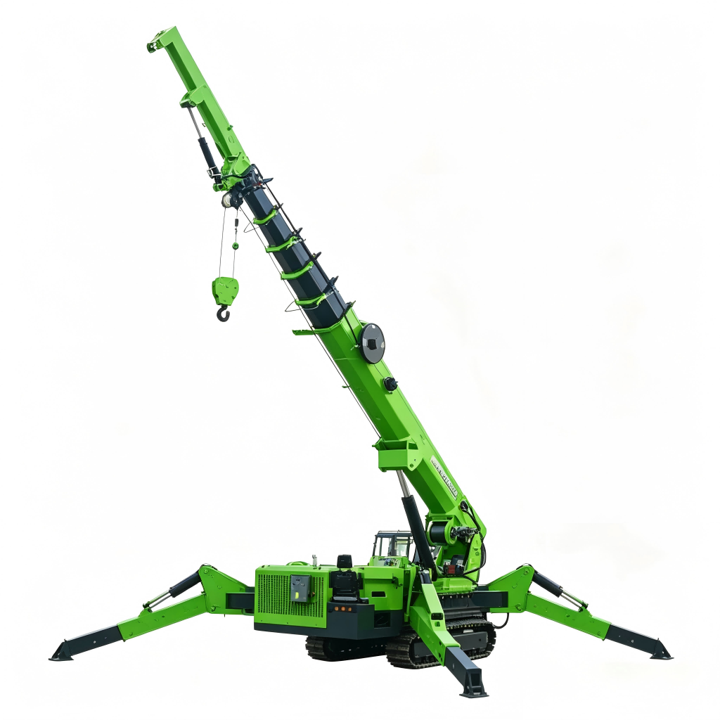 12-ton high-capacity tracked spider crane, featuring a high-angle fully extended boom, operator's station, and fully deployed outriggers.