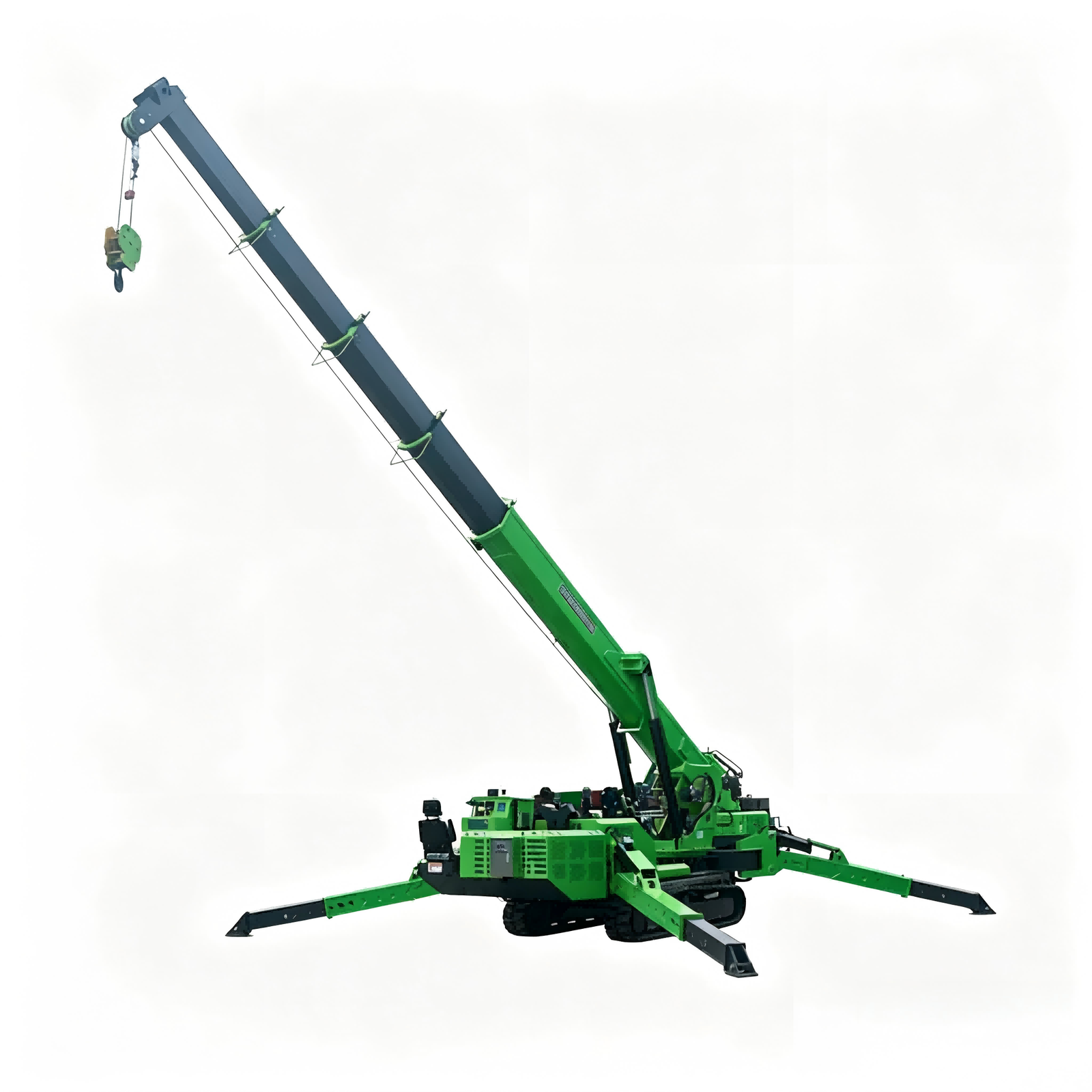 8-ton heavy-duty tracked spider crane, with multi-stage telescopic boom fully extended at a steep angle