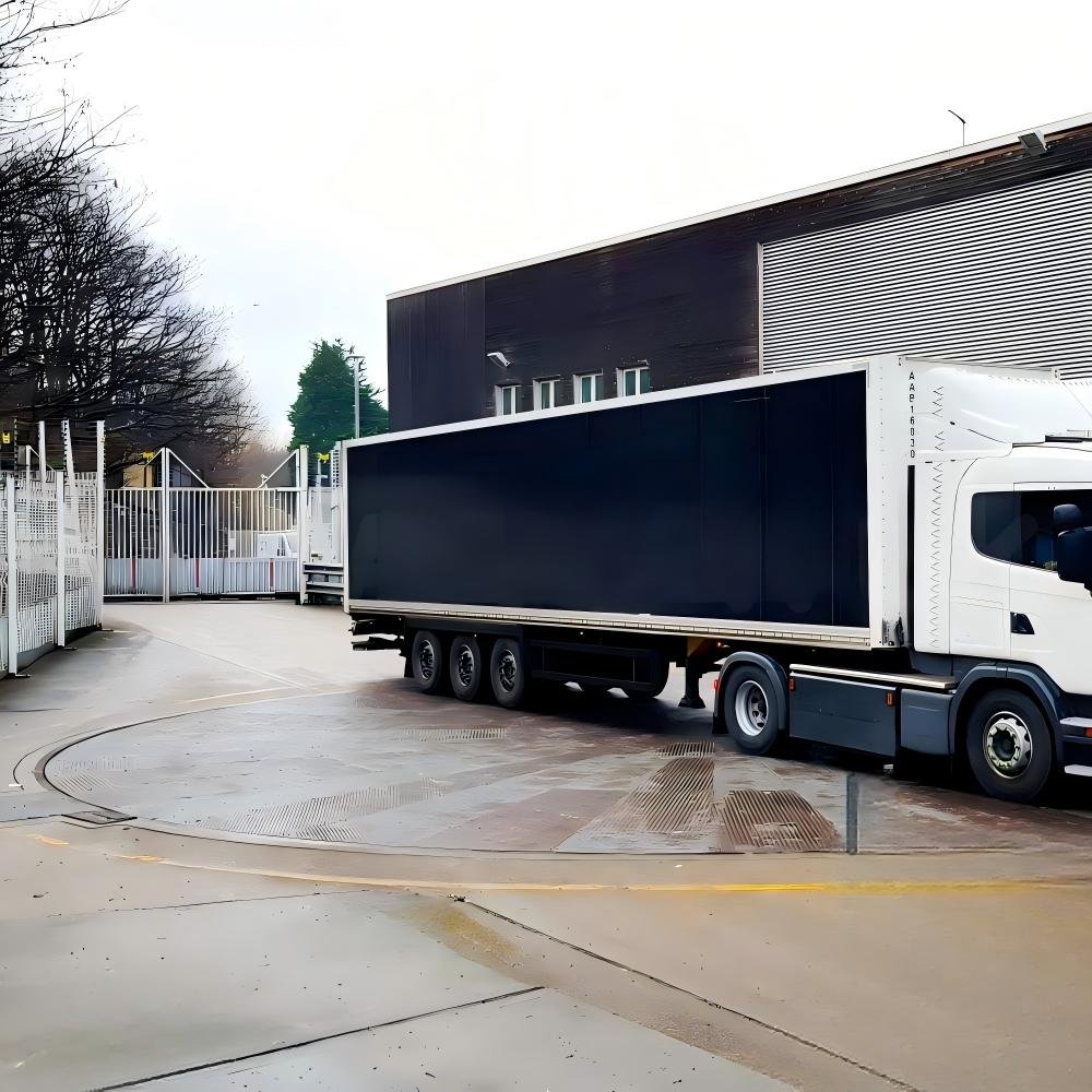 Automated truck turntable system installed at a warehouse entrance to optimize vehicle loading and directional turning.