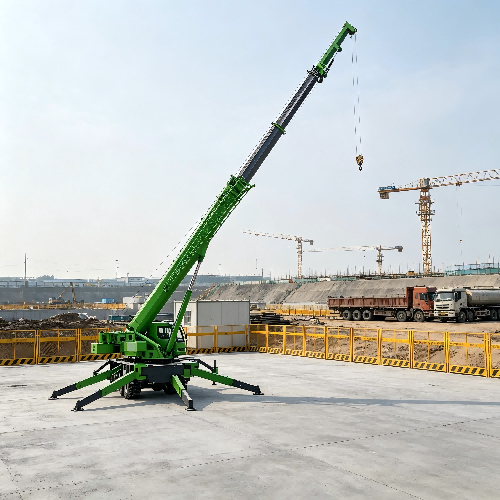 A green spider crane, its telescopic boom fully extended, sits on a concrete pad at a large construction site.