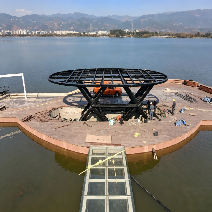 A large lifting and rotating stage stands in the middle of a lake.