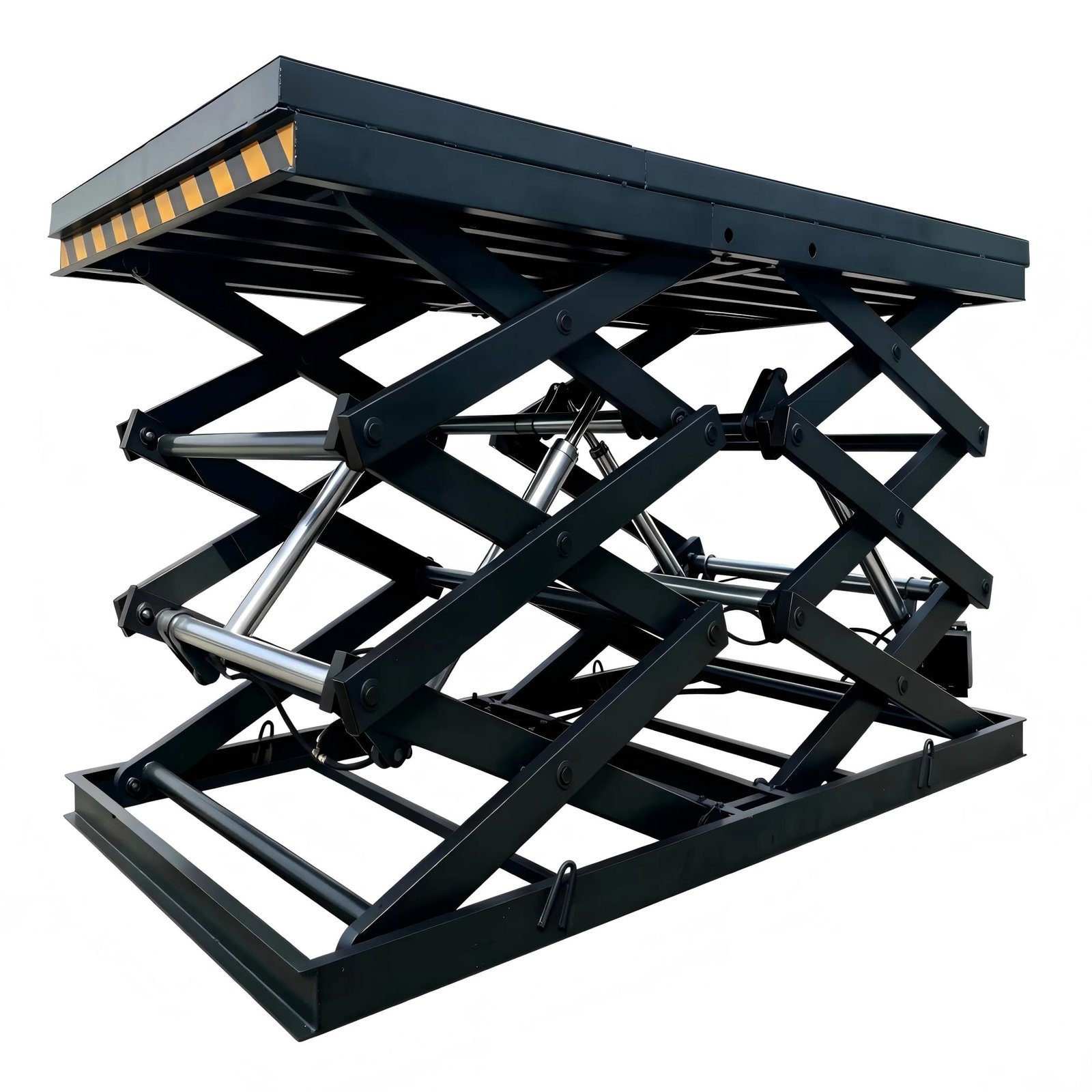 Multi-stage industrial scissor lift platform with safety warning stripes and high lift height.