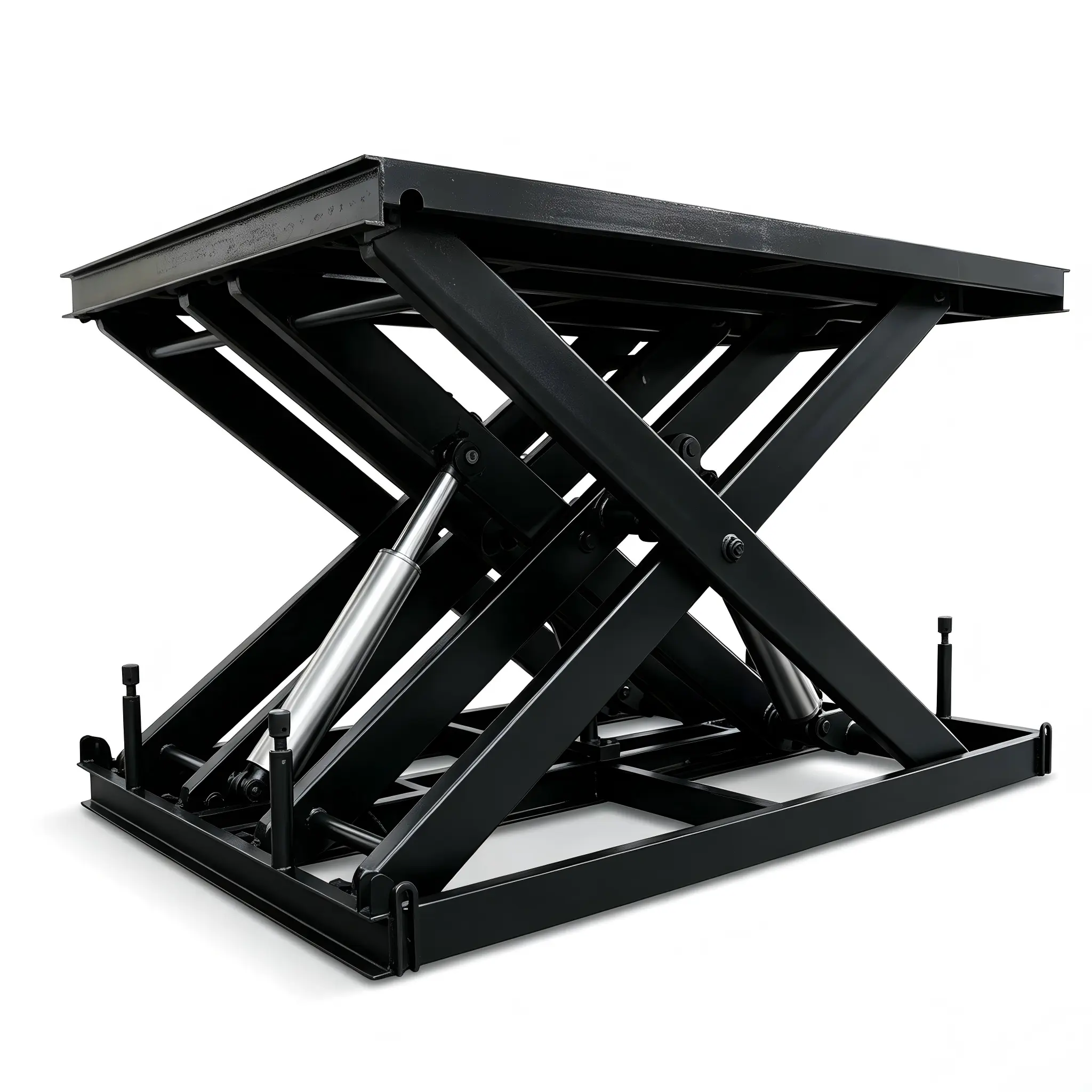 Heavy-duty black stationary hydraulic scissor lift table for industrial material handling.