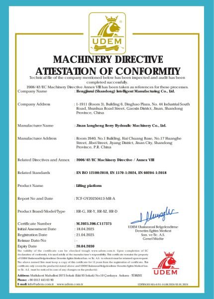 UDEM Machinery Directive Attestation of Conformity for Hydraulic Lifting Platform